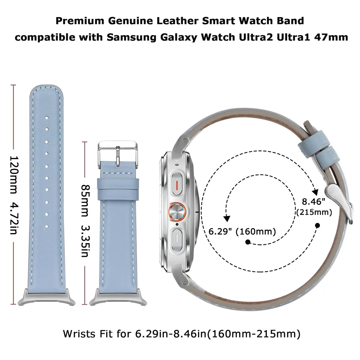 Tasikar Leather Watch Band Compatible with Samsung Galaxy Watch Ultra 47mm | Genuine Leather Strap, Blue - view 5