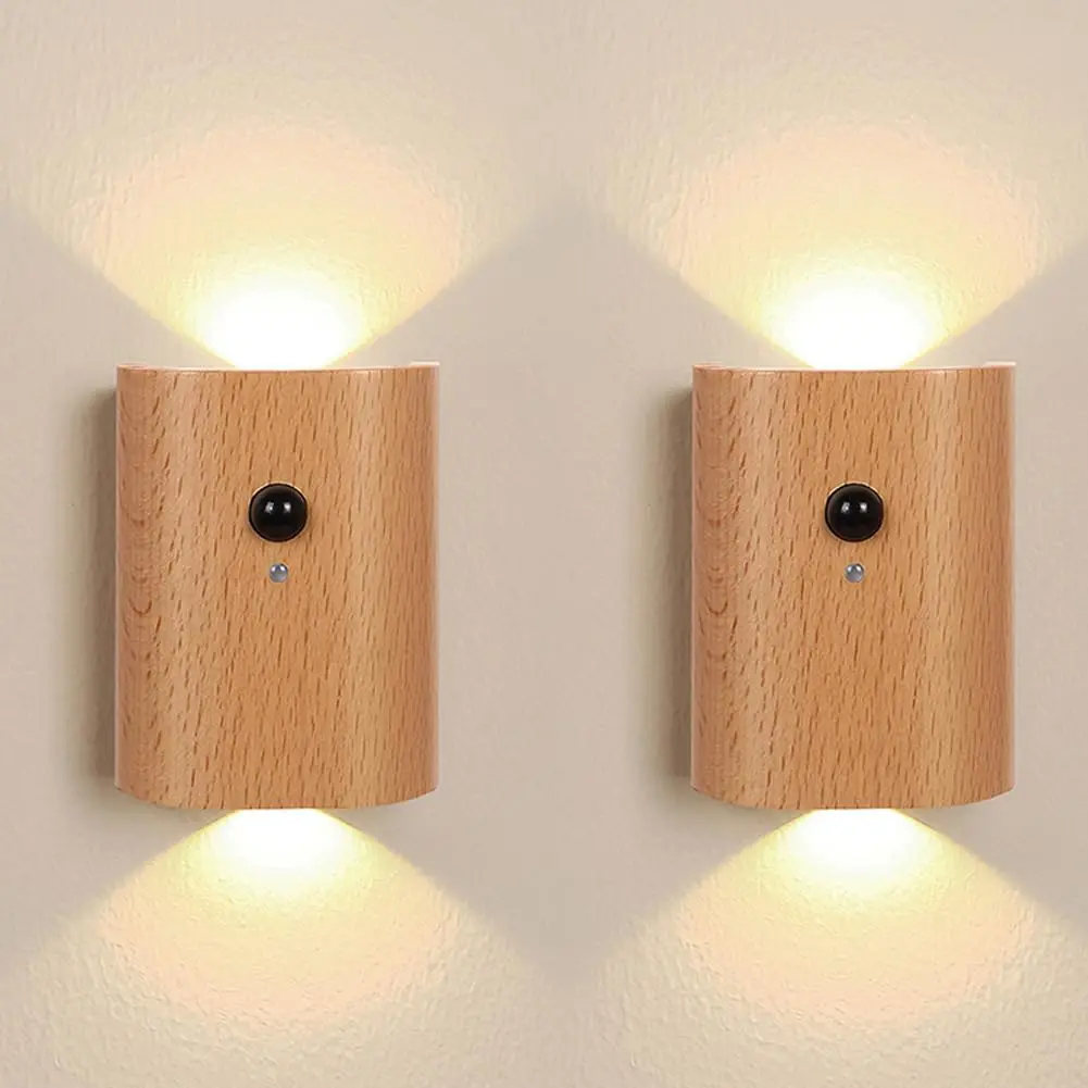LANDGOO Wood Step Light 2 Pack Motion Sensor Rechargeable Beech | Warm 2700K LED Night Light - main product image