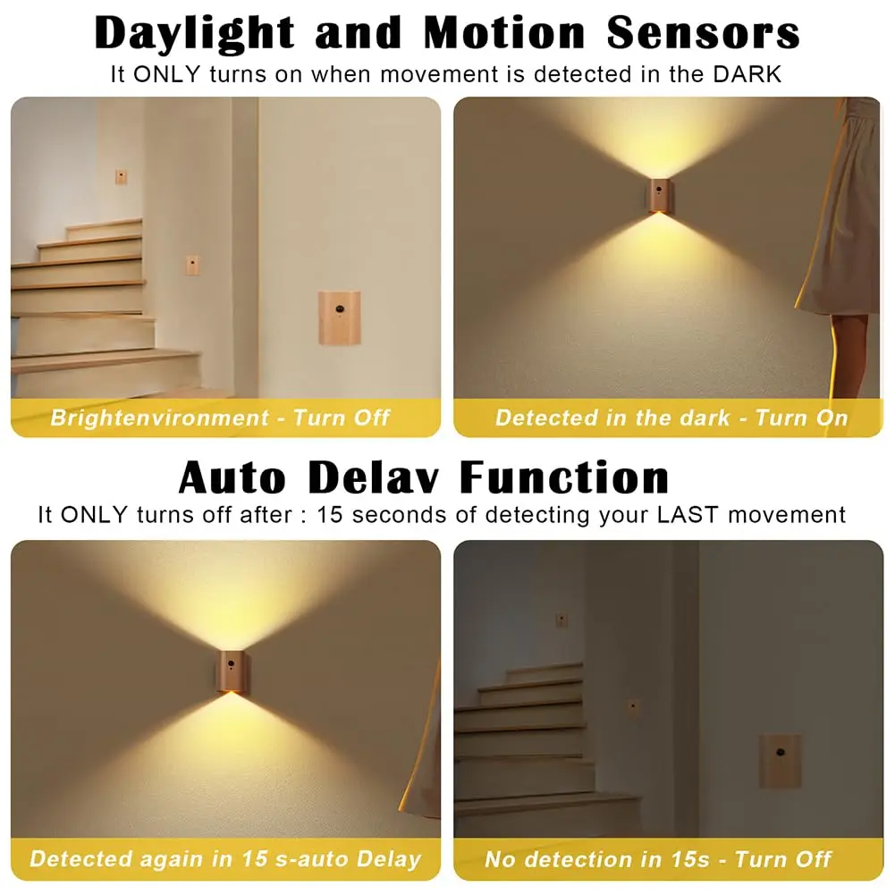 LANDGOO Wood Step Light 2 Pack Motion Sensor Rechargeable Beech | Warm 2700K LED Night Light - view 6