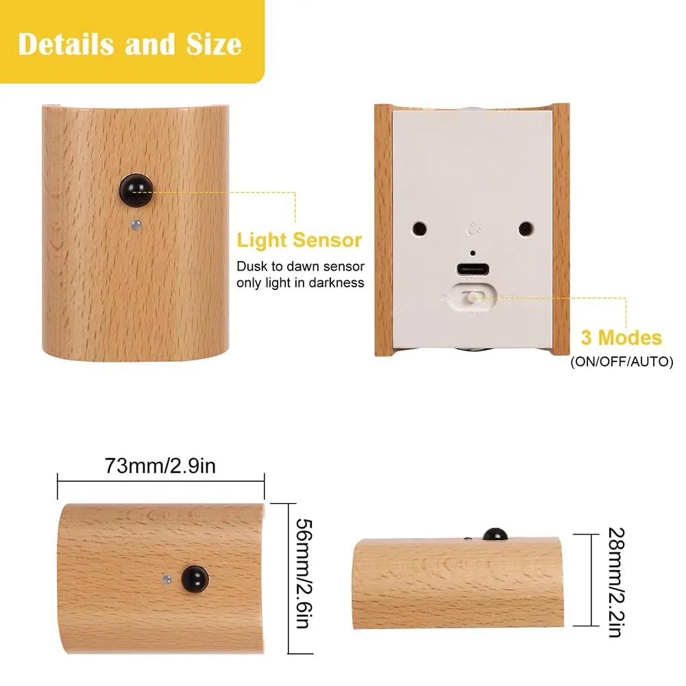 LANDGOO Wood Step Light 2 Pack Motion Sensor Rechargeable Beech | Warm 2700K LED Night Light - view 7
