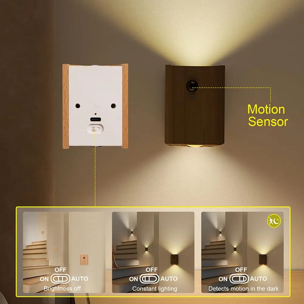 LANDGOO Wood Step Light 2 Pack Motion Sensor Rechargeable Beech | Warm 2700K LED Night Light - view 2