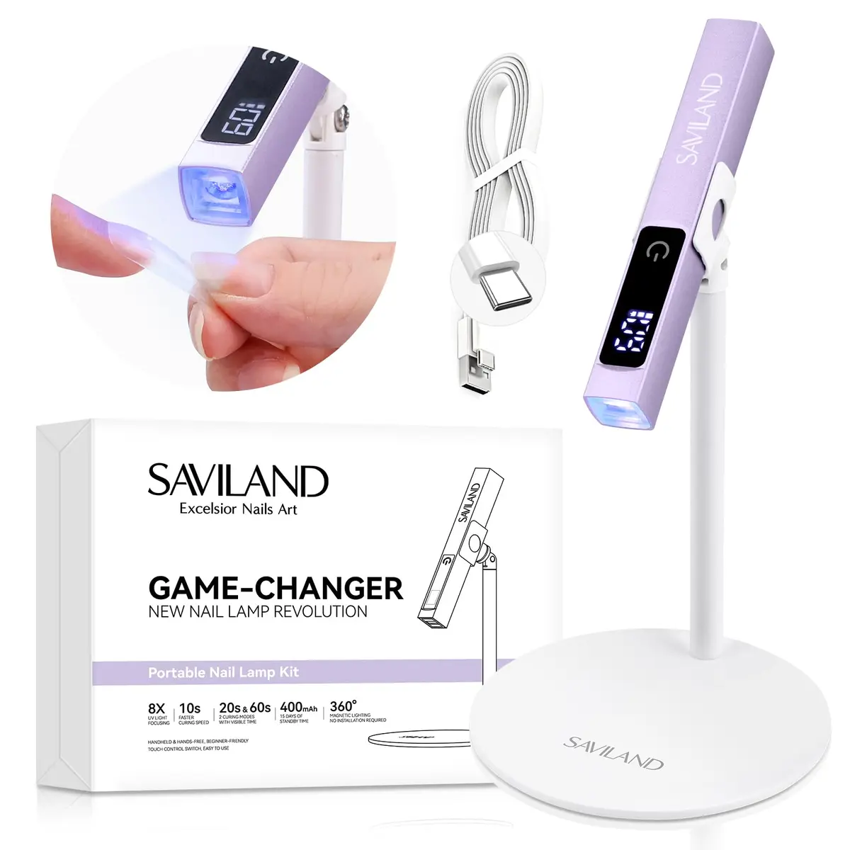 SAVILAND Handheld UV Nail Lamp 12W Purple | 10S Flash Cure for Gel Polish - main product image