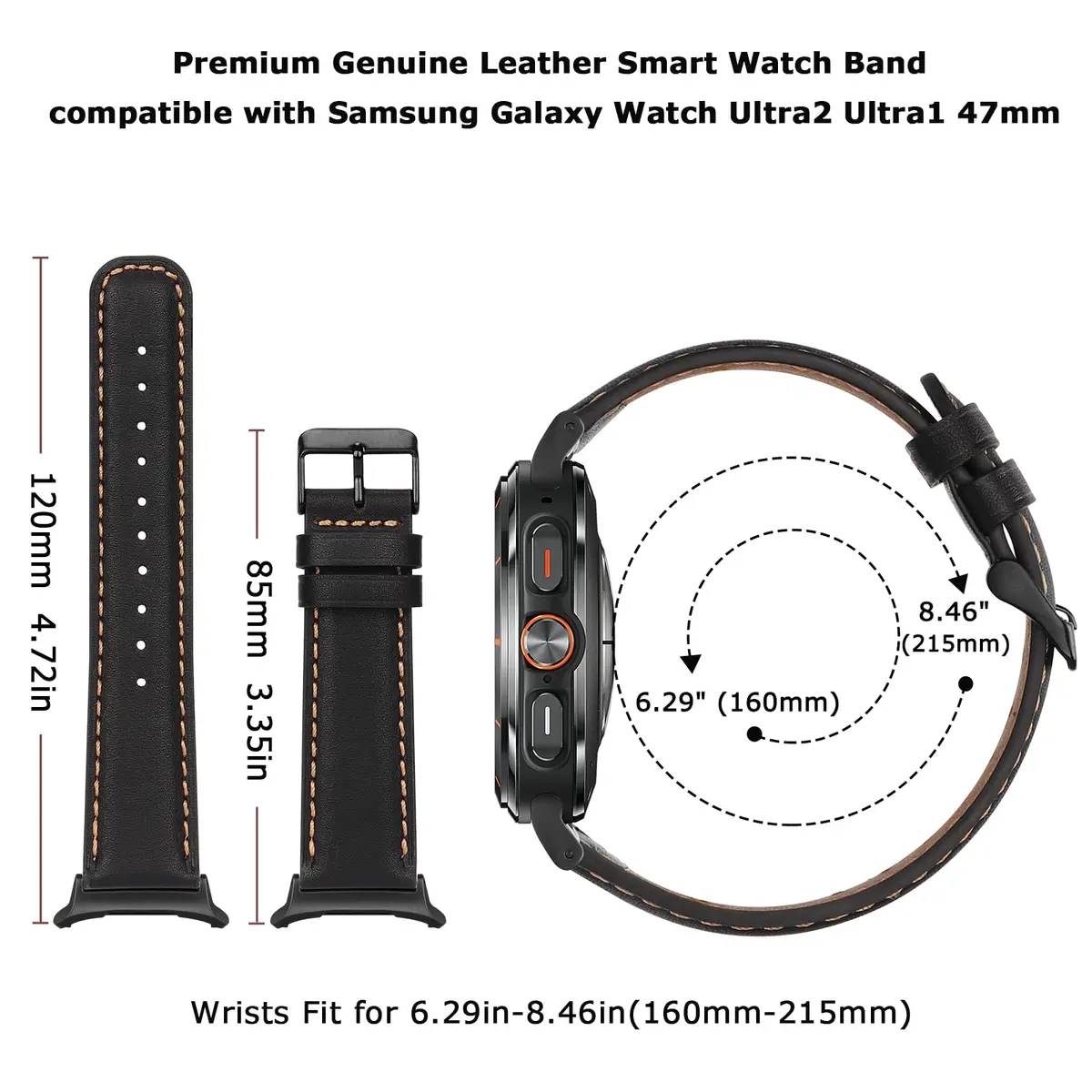 Tasikar Black Leather Watch Band for Samsung Galaxy Watch Ultra 2/1 47mm | Genuine Leather Strap with Stainless Steel Clasp - view 5