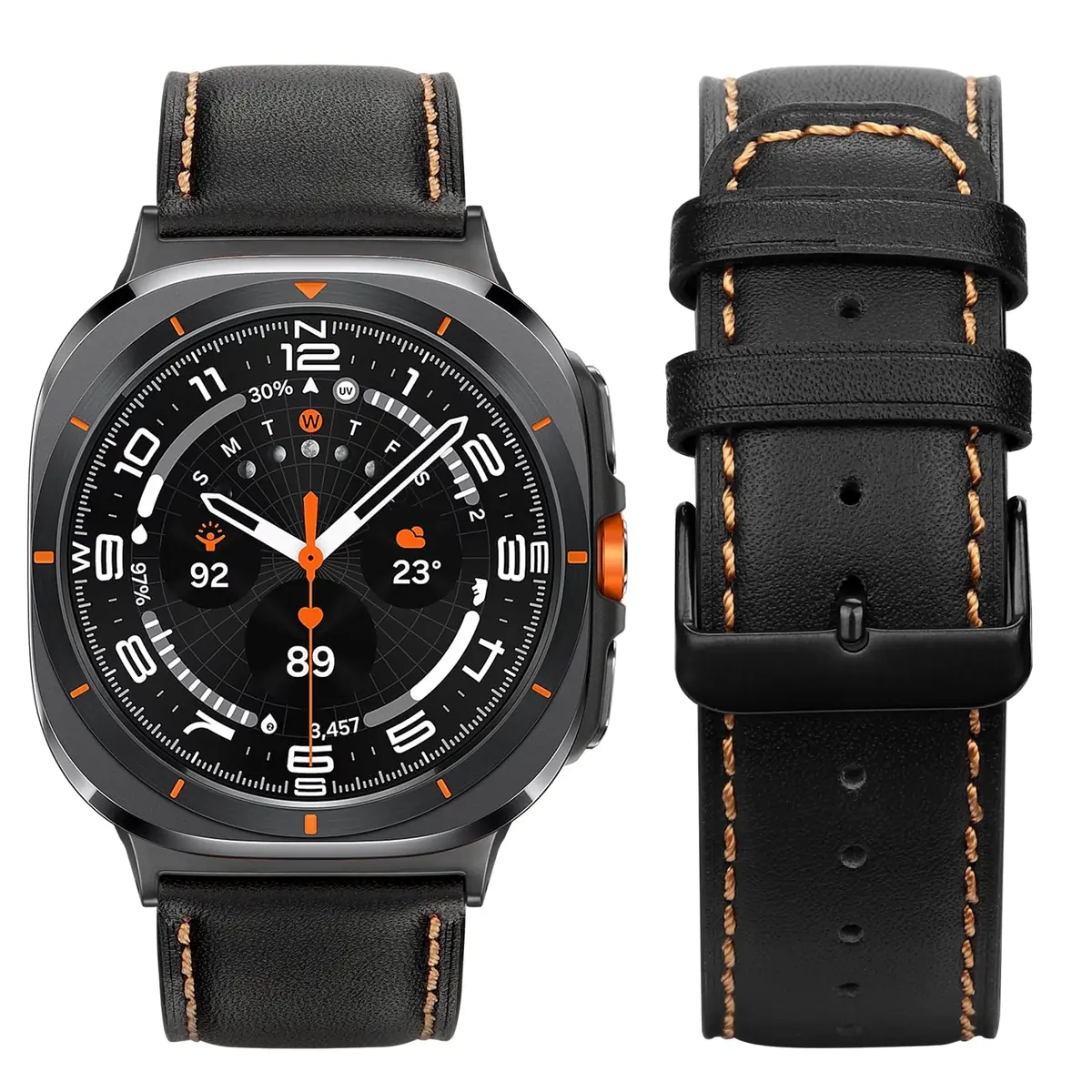 Tasikar Black Leather Watch Band for Samsung Galaxy Watch Ultra 2/1 47mm | Genuine Leather Strap with Stainless Steel Clasp - view 2
