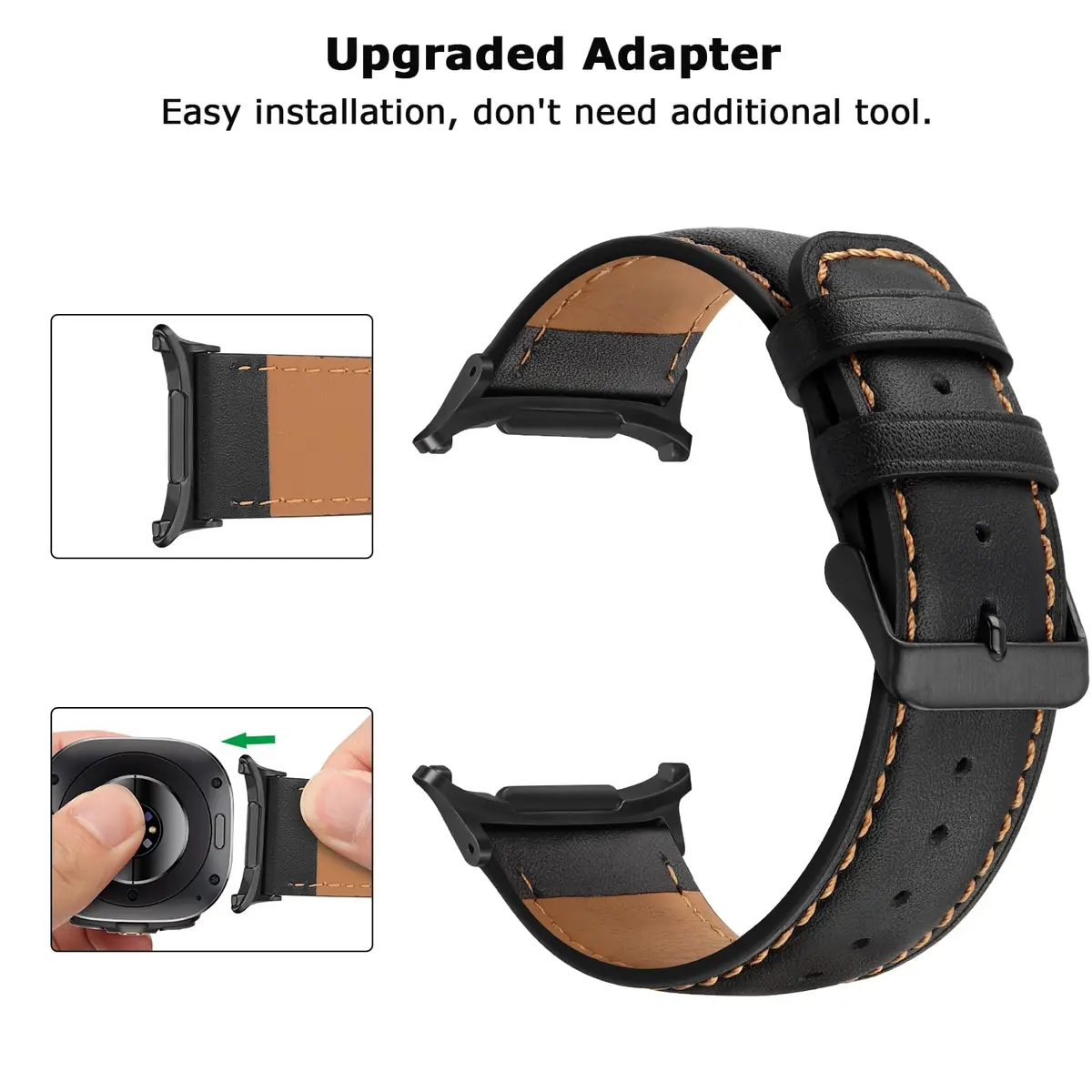 Tasikar Black Leather Watch Band for Samsung Galaxy Watch Ultra 2/1 47mm | Genuine Leather Strap with Stainless Steel Clasp - view 4