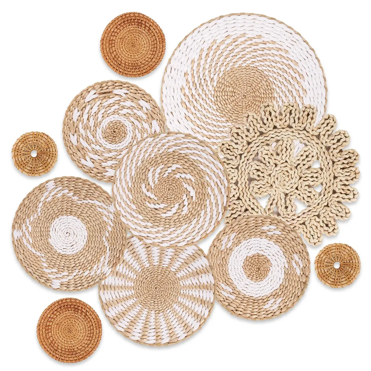 LOCS MICRAI Boho Wall Basket Decor Set of 11 - Natural Bulrush & Rattan, White Retro Style | Handwoven Wall Art for Farmhouse & Home - main product image