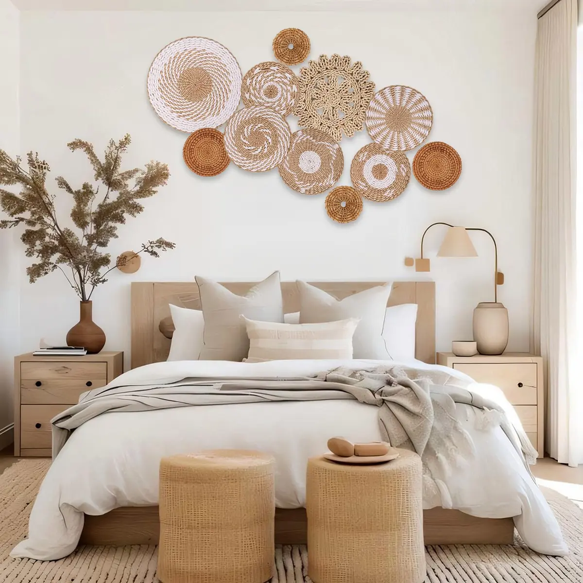 LOCS MICRAI Boho Wall Basket Decor Set of 11 - Natural Bulrush & Rattan, White Retro Style | Handwoven Wall Art for Farmhouse & Home - view 5