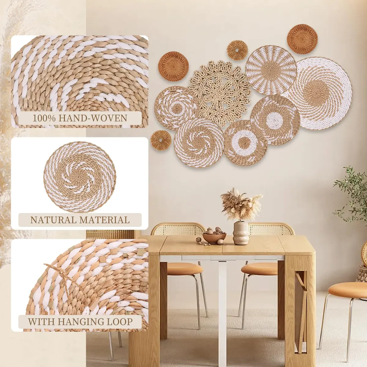LOCS MICRAI Boho Wall Basket Decor Set of 11 - Natural Bulrush & Rattan, White Retro Style | Handwoven Wall Art for Farmhouse & Home - view 3