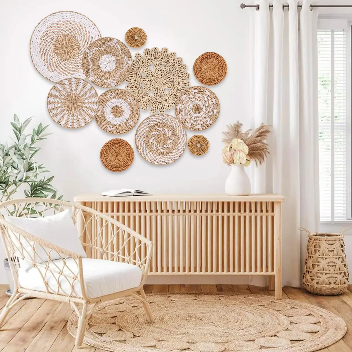 LOCS MICRAI Boho Wall Basket Decor Set of 11 - Natural Bulrush & Rattan, White Retro Style | Handwoven Wall Art for Farmhouse & Home - view 4