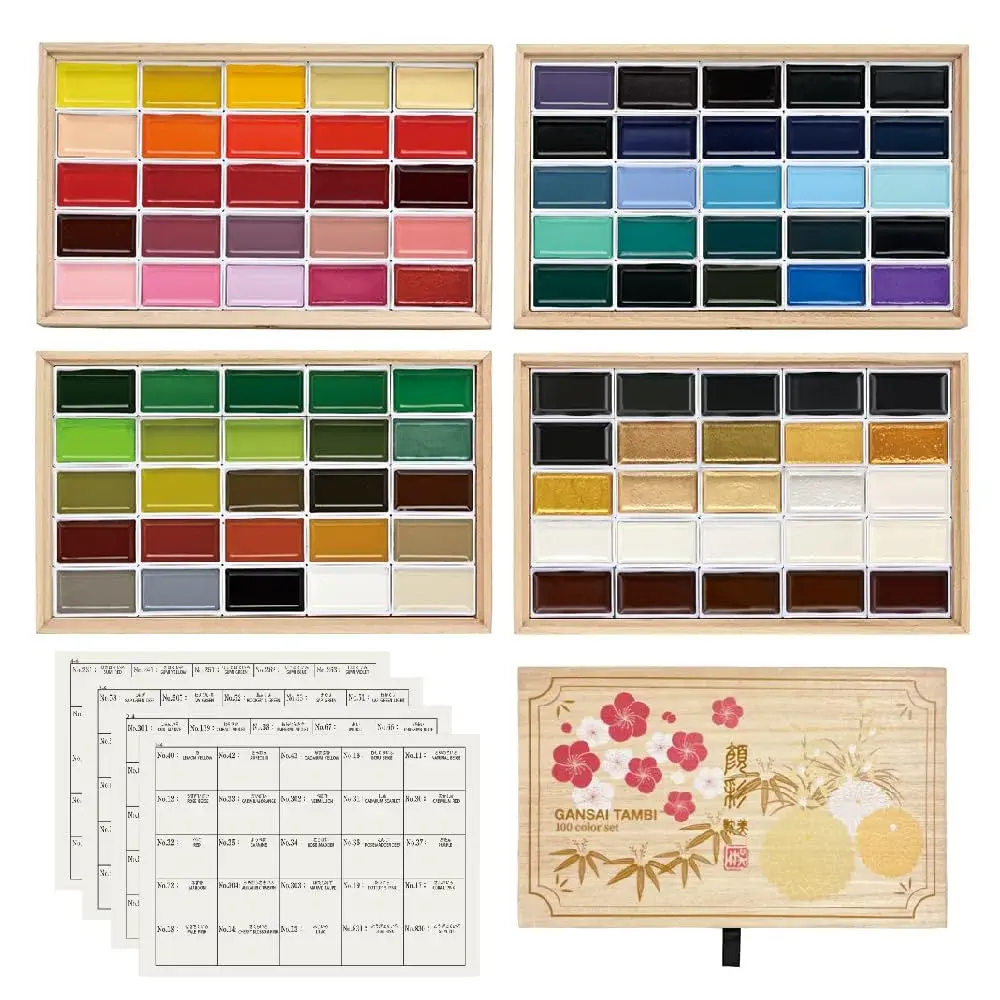 Kuretake GANSAI TAMBI Watercolor Paint Set 100 Colors with Wooden Box | Professional Grade Art Supplies - view 2