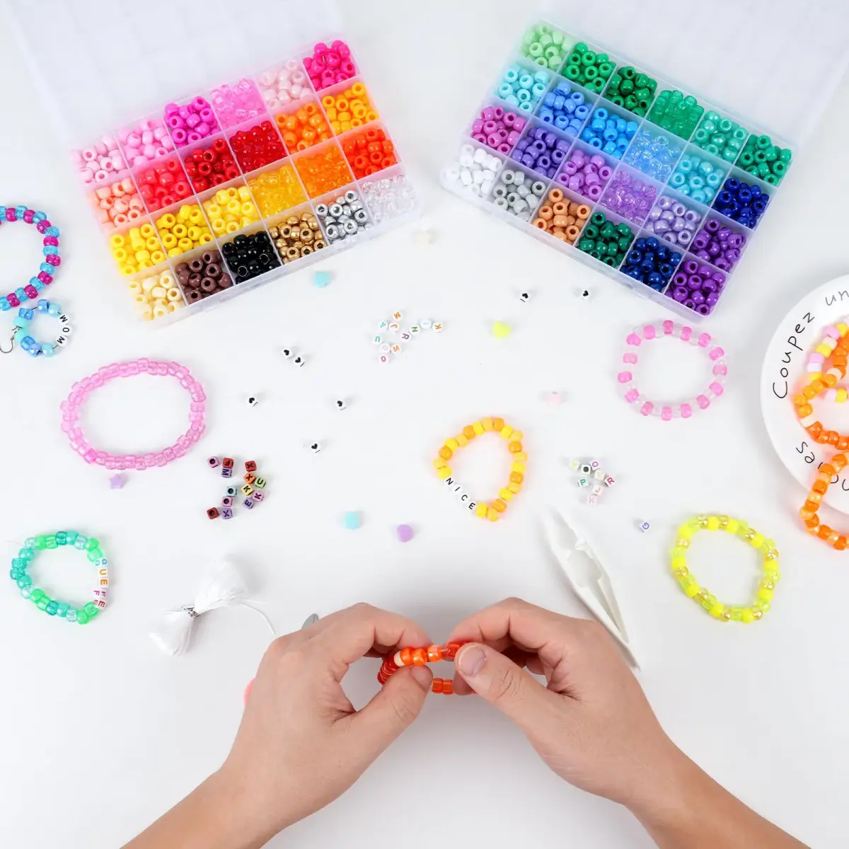 QUEFE 1900pcs 48 Colors Pony Beads Bracelet Making Kit | Rainbow Kandi Beads Friendship Bracelet Kit with Letter Beads & Elastic Strings (1900 Beads) - view 6