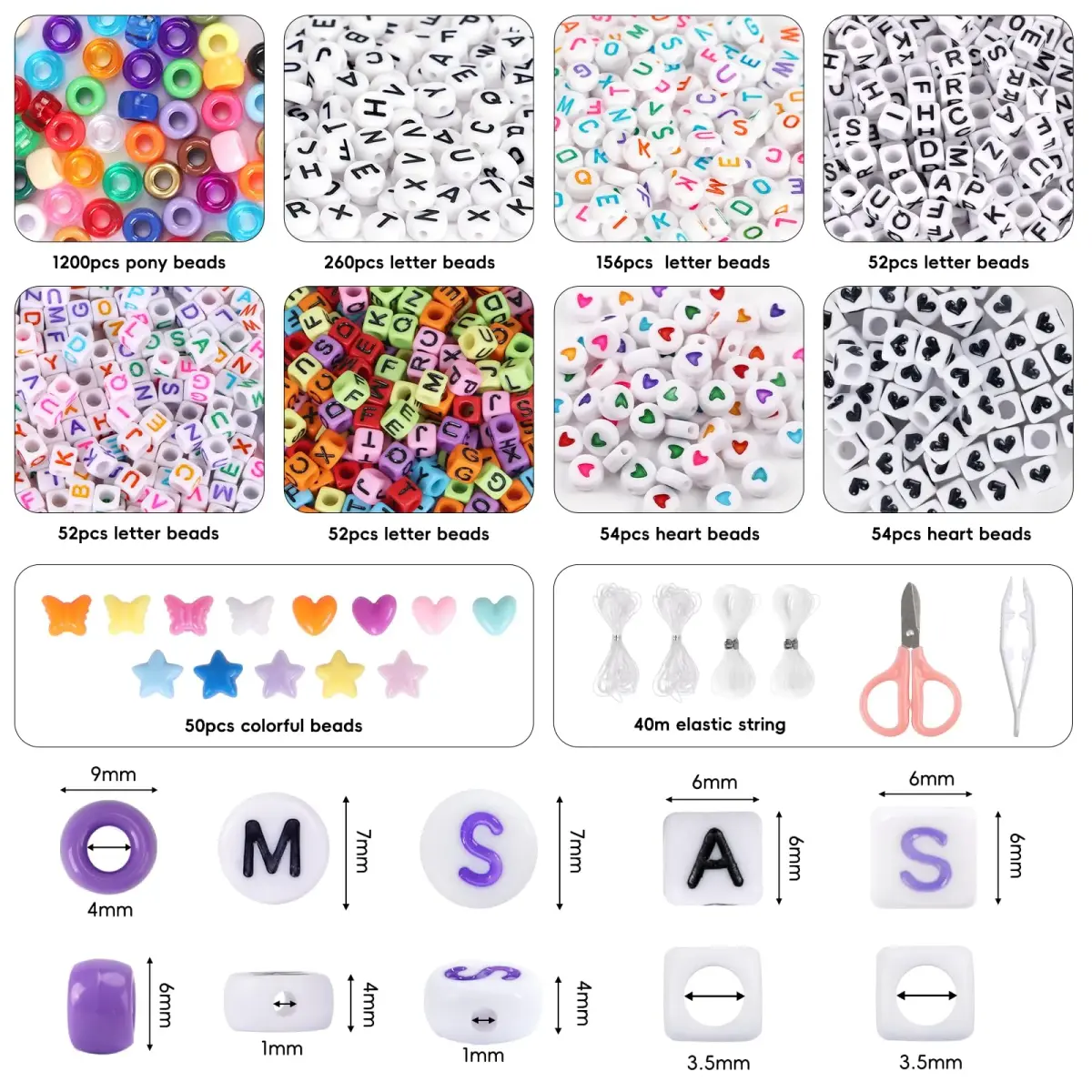 QUEFE 1900pcs 48 Colors Pony Beads Bracelet Making Kit | Rainbow Kandi Beads Friendship Bracelet Kit with Letter Beads & Elastic Strings (1900 Beads) - view 2
