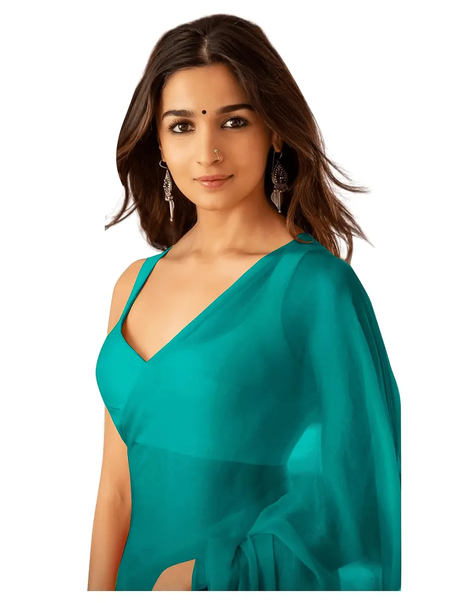 StyleScope Women's Plain Georgette Saree With Unstitched Blouse Piece, Dark Firozi, 6.2 m (20.3 ft) | Traditional Indian Wear - main product image