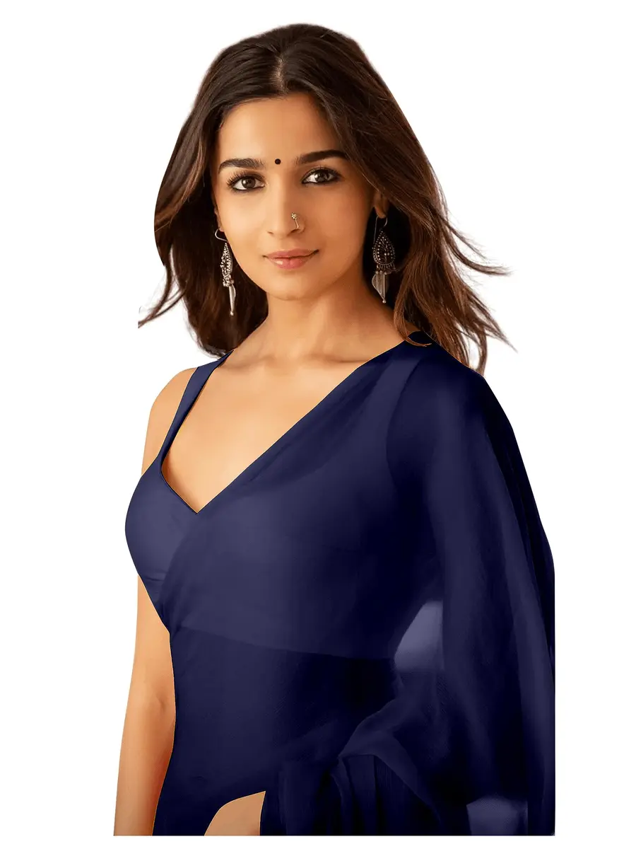 StyleScope Plain Georgette Saree With Unstitched Blouse Piece Navy Blue 6.2 mtr (20.34 ft) - main product image