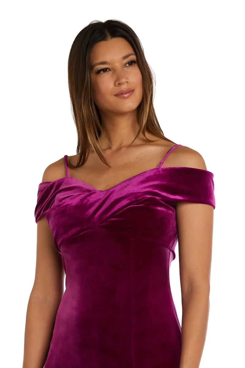 NIGHTWAY Long Stretch Velvet Cocktail Dress with Portrait Collar & Spaghetti Straps in Fuchsia | Elegant Evening Wear - view 2