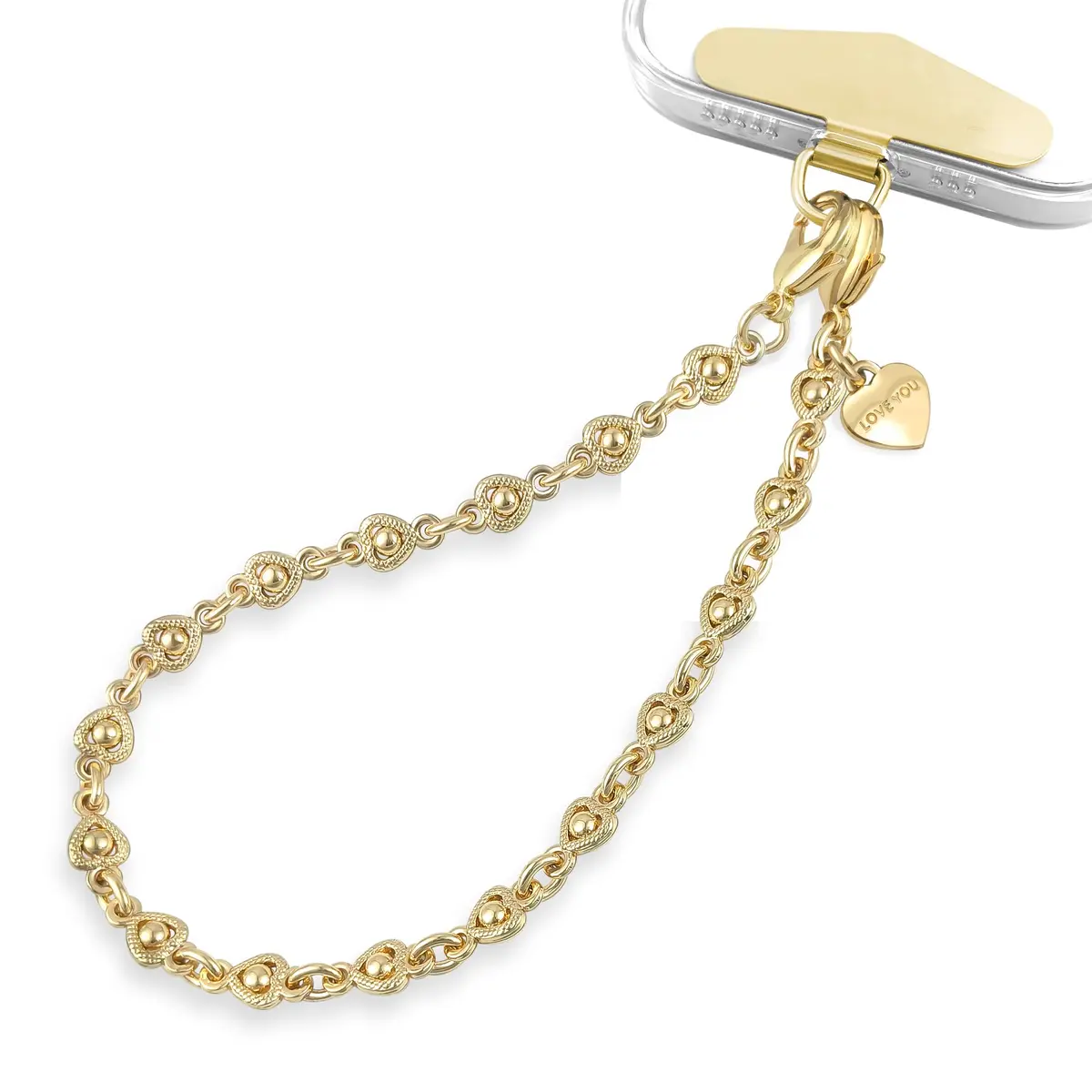 MOUTAKEY Heart Phone Charm Strap with Metal Tether Tab - Pale Gold | Detachable iPhone Chain Wrist Strap for All Phones - main product image