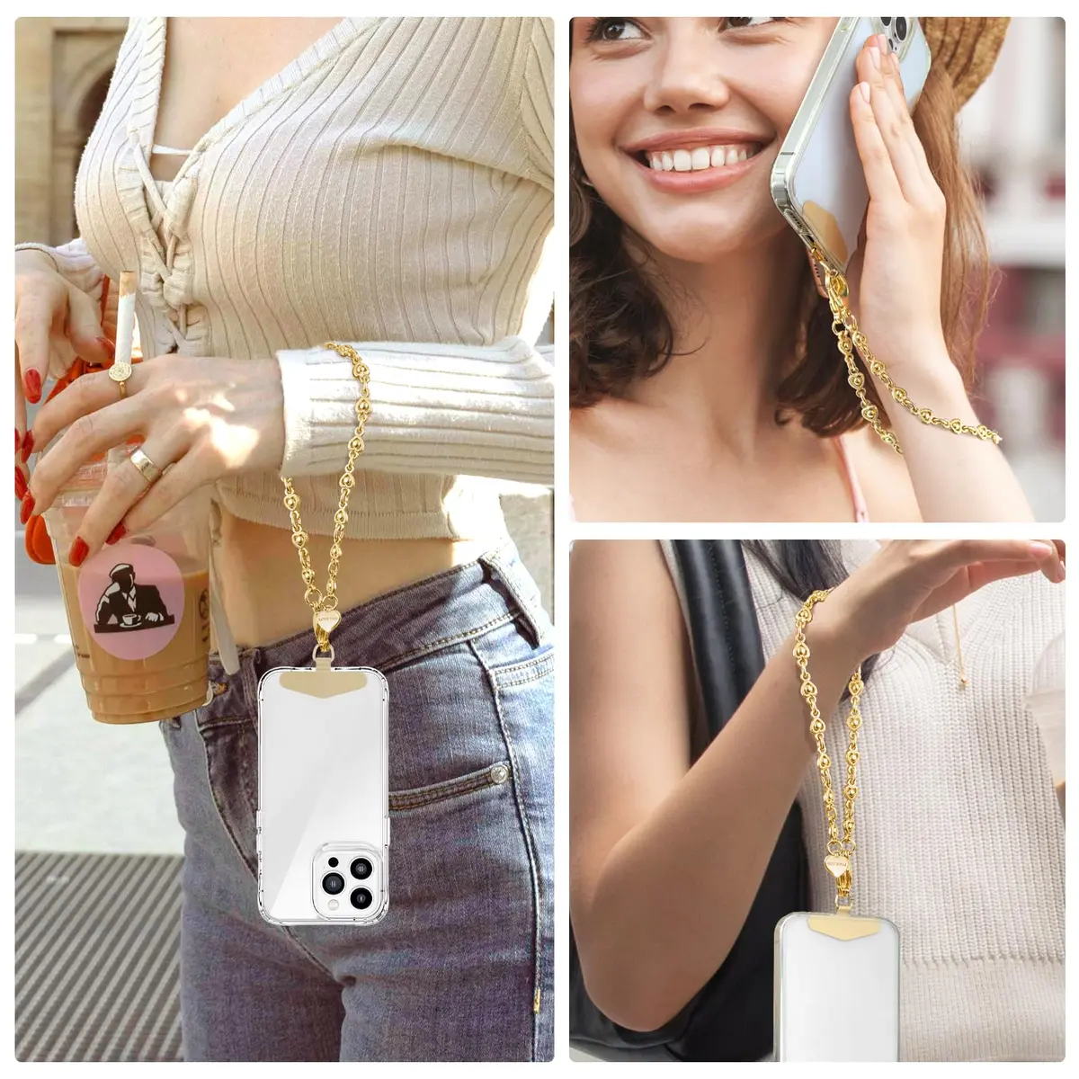 MOUTAKEY Heart Phone Charm Strap with Metal Tether Tab - Pale Gold | Detachable iPhone Chain Wrist Strap for All Phones - view 7