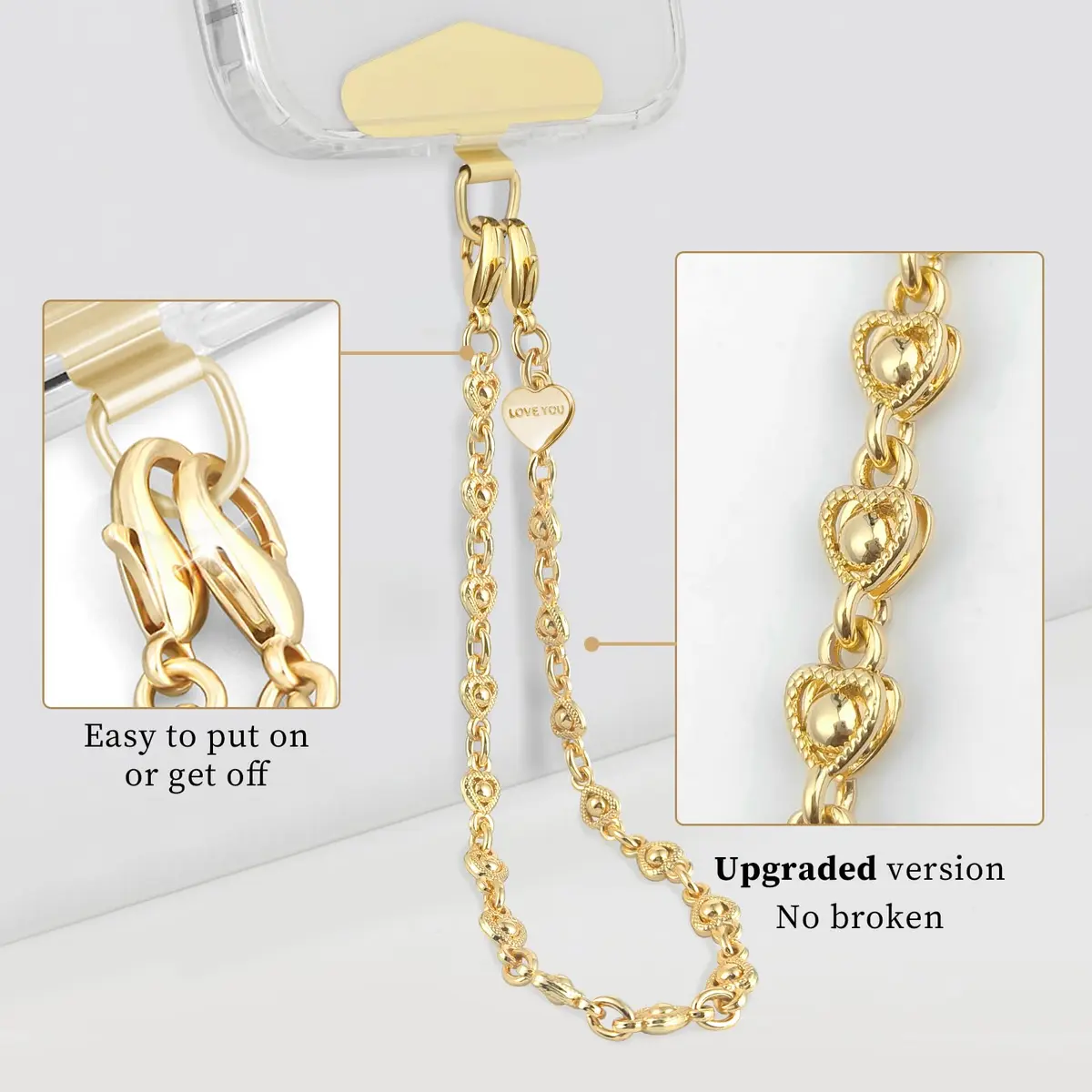 MOUTAKEY Heart Phone Charm Strap with Metal Tether Tab - Pale Gold | Detachable iPhone Chain Wrist Strap for All Phones - view 4