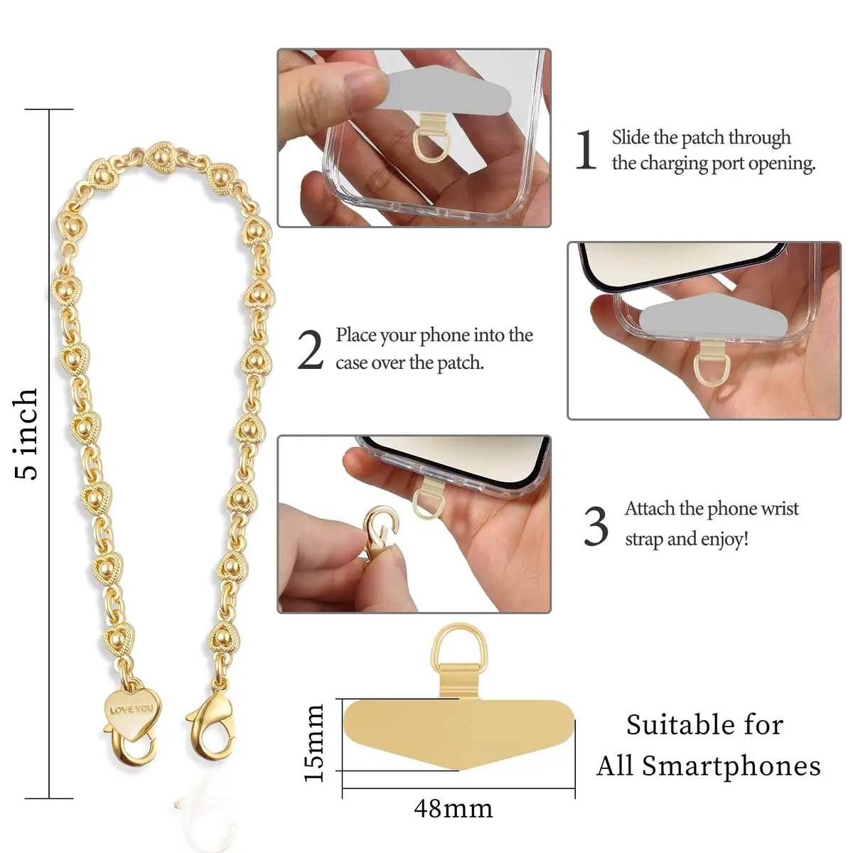 MOUTAKEY Heart Phone Charm Strap with Metal Tether Tab - Pale Gold | Detachable iPhone Chain Wrist Strap for All Phones - view 5