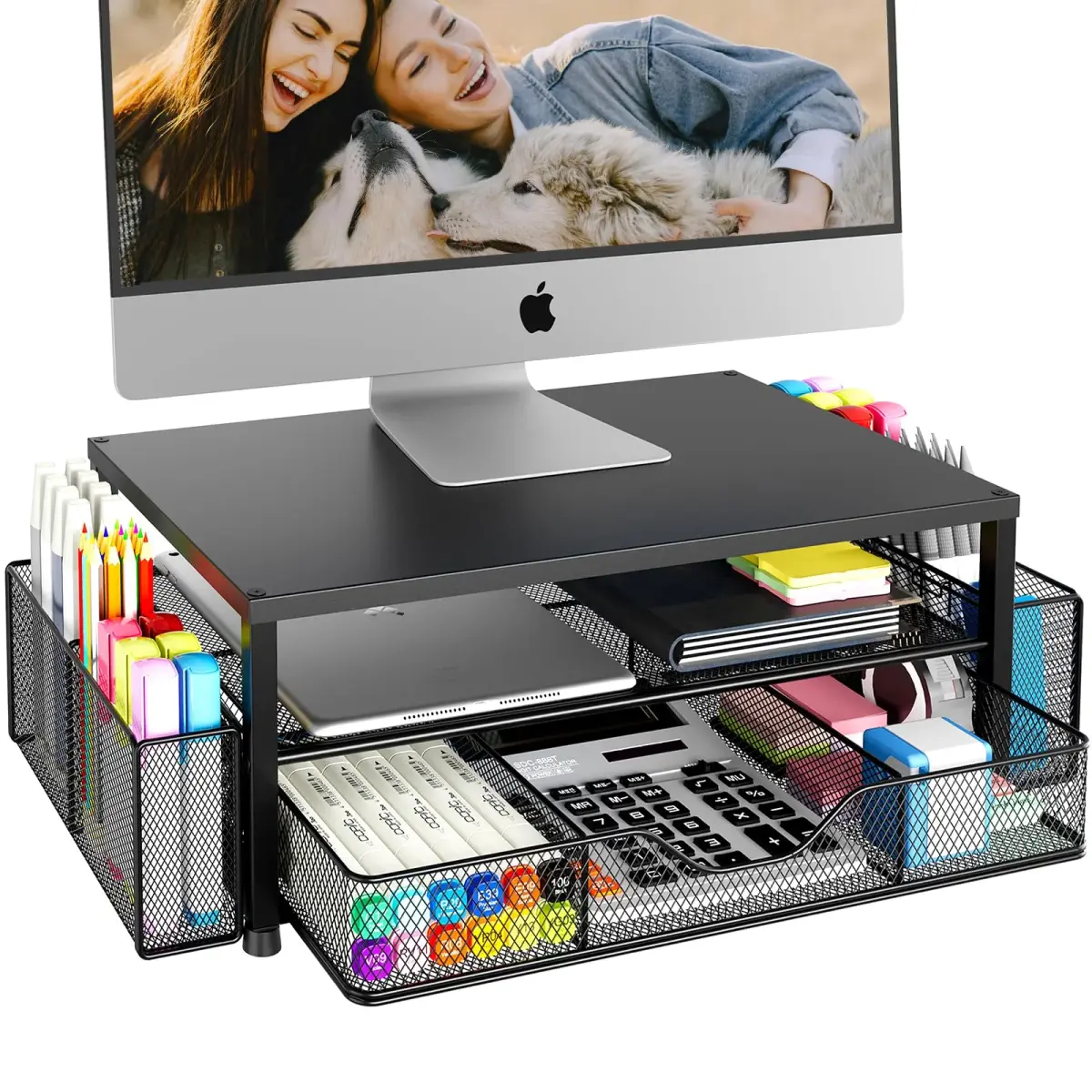 OPNICE 2-Tier Monitor Stand Riser with Drawer & Pen Holders, Black | 20.5 inch (52 cm) Ergonomic Carbon Steel Stand - main product image