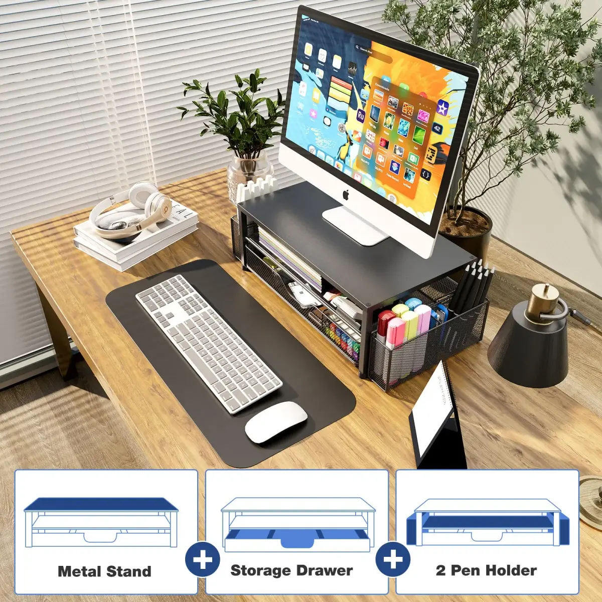 OPNICE 2-Tier Monitor Stand Riser with Drawer & Pen Holders, Black | 20.5 inch (52 cm) Ergonomic Carbon Steel Stand - view 7