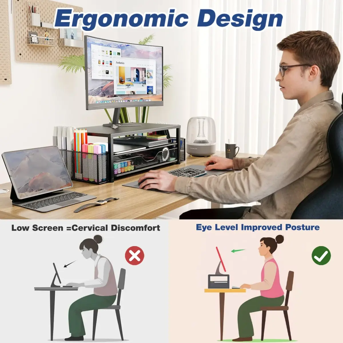 OPNICE 2-Tier Monitor Stand Riser with Drawer & Pen Holders, Black | 20.5 inch (52 cm) Ergonomic Carbon Steel Stand - view 2
