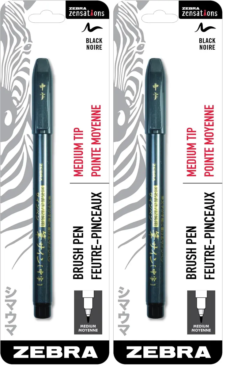 Zebra Zensations Brush Pen Medium Tip Water-Resistant Ink 2-Pack | Japanese Design, Expressive Strokes - main product image