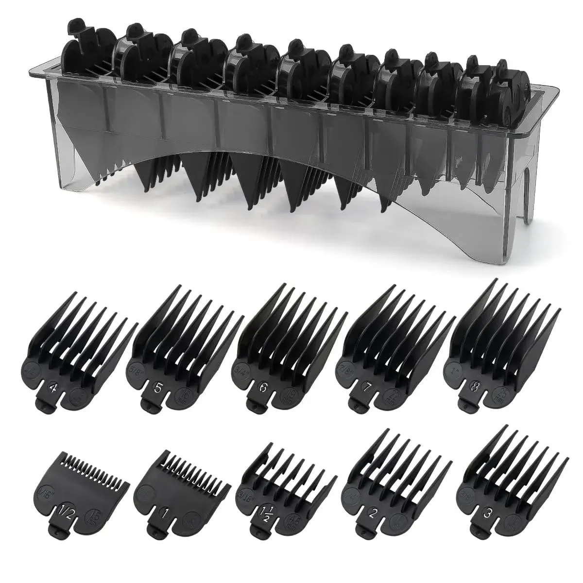 LAVEST Black 10 Piece Clipper Guard Set with Holder | Fits Wahl Clippers, 1/16" to 1" Lengths - main product image
