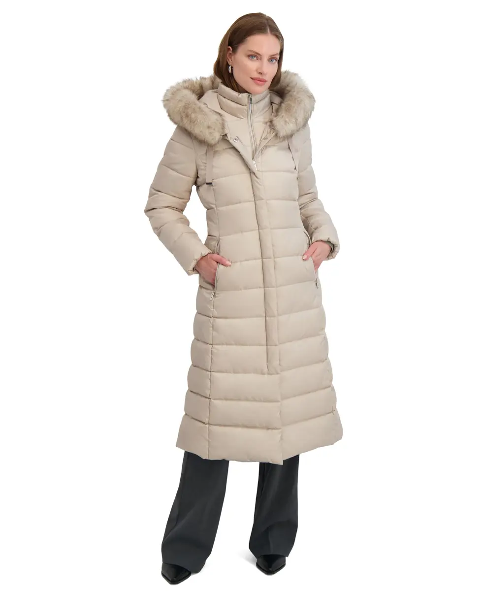 TAHARI Women's Maxi Puffer Coat, Attached Bib, Faux Fur Hood Trim, Hand Warmer Pockets, Long Puffer Coat, Pale Oak, Small | Full-Body Warmth & Style - main product image