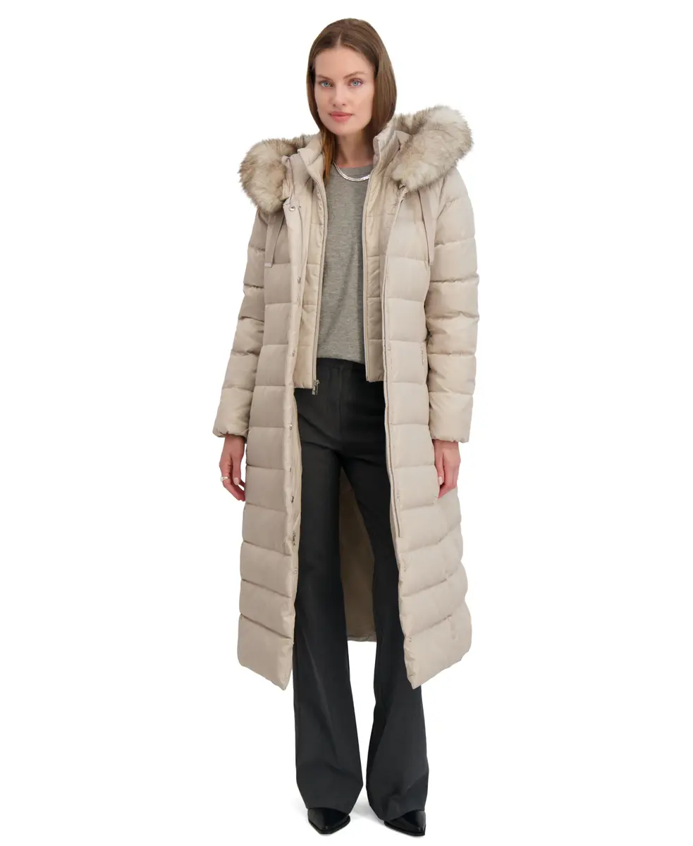 TAHARI Women's Maxi Puffer Coat, Attached Bib, Faux Fur Hood Trim, Hand Warmer Pockets, Long Puffer Coat, Pale Oak, Small | Full-Body Warmth & Style - view 5