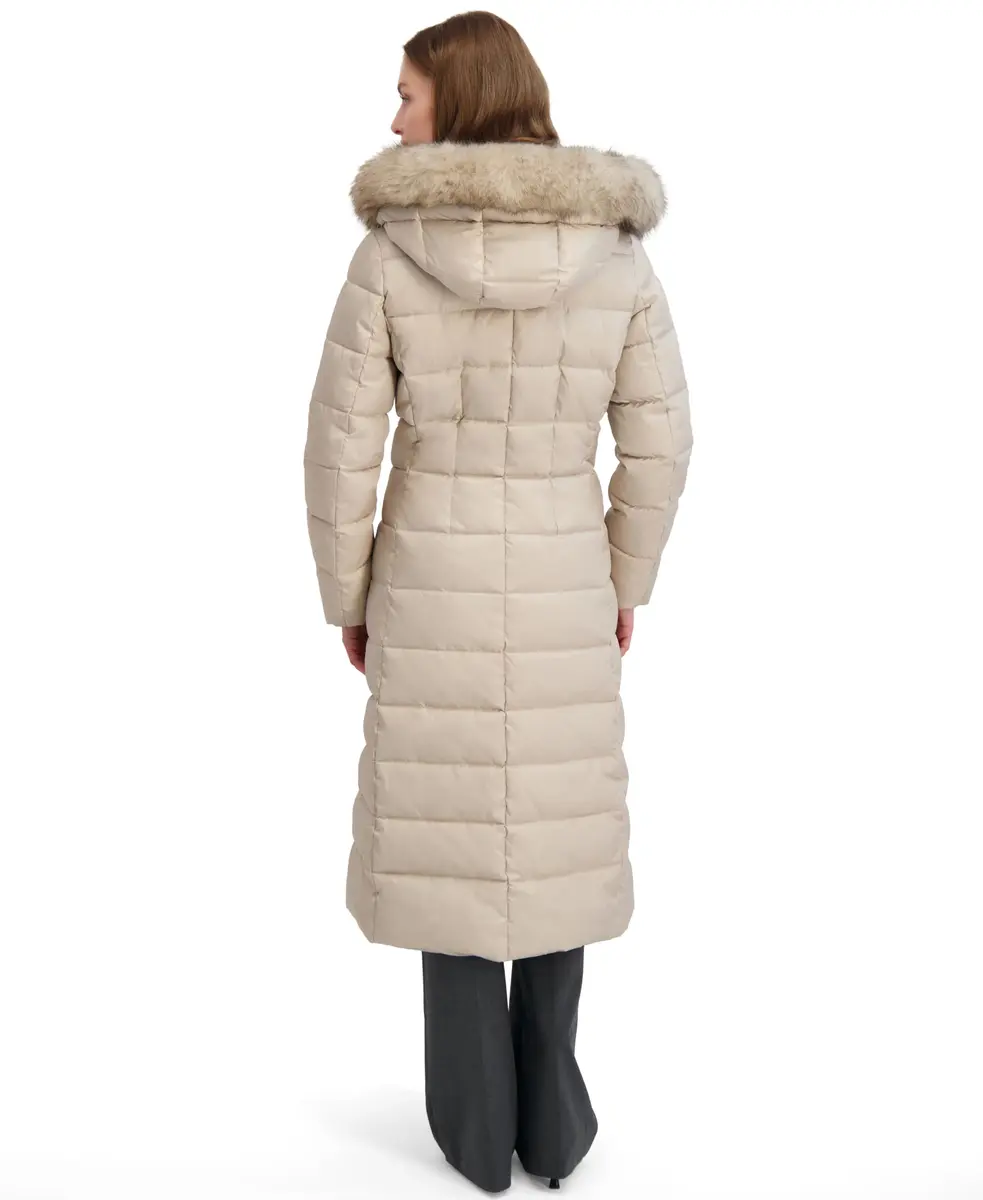TAHARI Women's Maxi Puffer Coat, Attached Bib, Faux Fur Hood Trim, Hand Warmer Pockets, Long Puffer Coat, Pale Oak, Small | Full-Body Warmth & Style - view 6