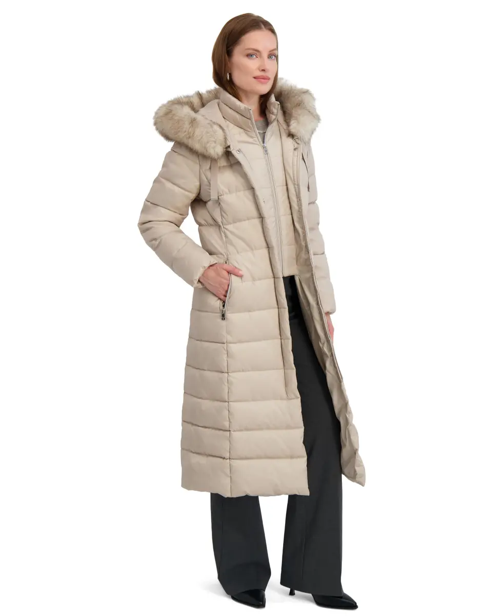 TAHARI Women's Maxi Puffer Coat, Attached Bib, Faux Fur Hood Trim, Hand Warmer Pockets, Long Puffer Coat, Pale Oak, Small | Full-Body Warmth & Style - view 2