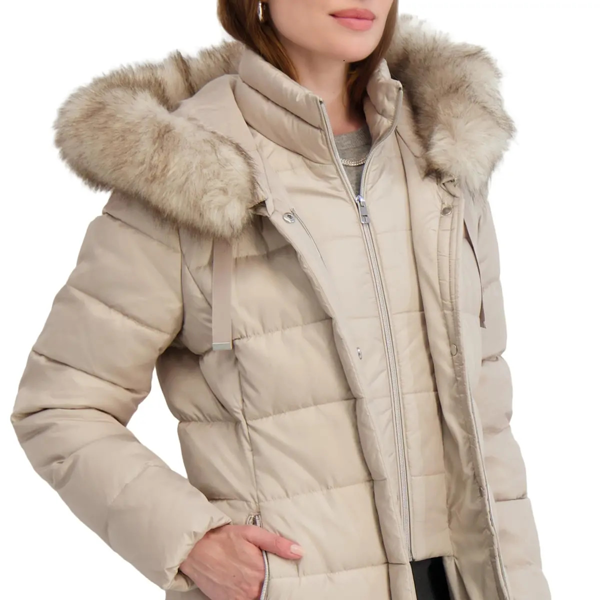 TAHARI Women's Maxi Puffer Coat, Attached Bib, Faux Fur Hood Trim, Hand Warmer Pockets, Long Puffer Coat, Pale Oak, Small | Full-Body Warmth & Style - view 3