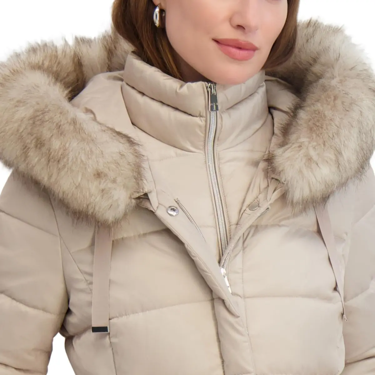 TAHARI Women's Maxi Puffer Coat, Attached Bib, Faux Fur Hood Trim, Hand Warmer Pockets, Long Puffer Coat, Pale Oak, Small | Full-Body Warmth & Style - view 4