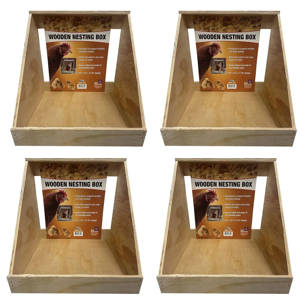 Farm Innovators Handcrafted Wood Chicken Nesting Box, 4-Pack | Secure, Fully Assembled, Rustic Design - main product image