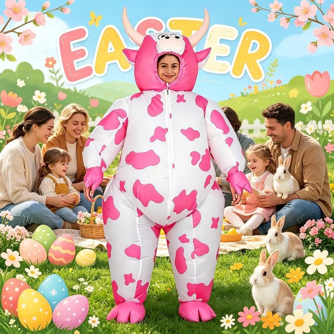 RHYTHMARTS Inflatable Pink Cow Costume Blow Up Costumes for Adults | Fun Halloween & Christmas Outfit - view 8