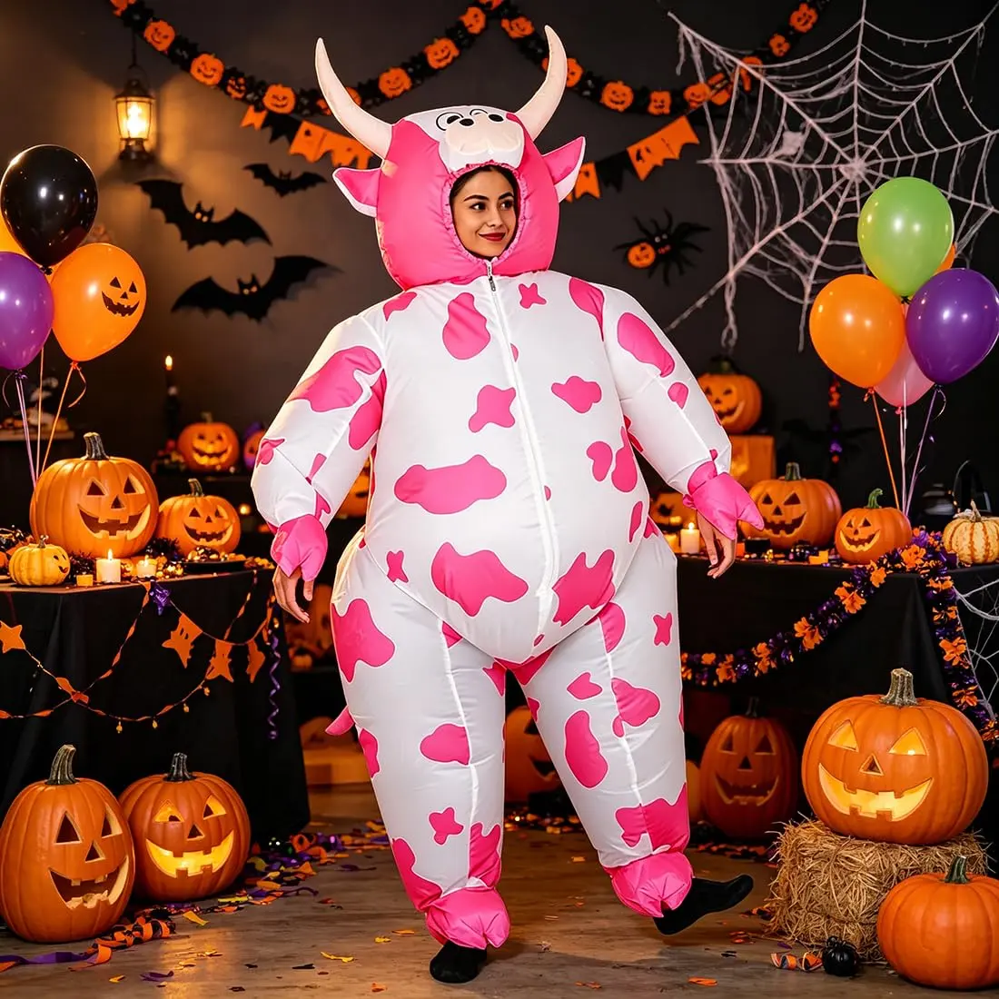 RHYTHMARTS Inflatable Pink Cow Costume Blow Up Costumes for Adults | Fun Halloween & Christmas Outfit - view 2