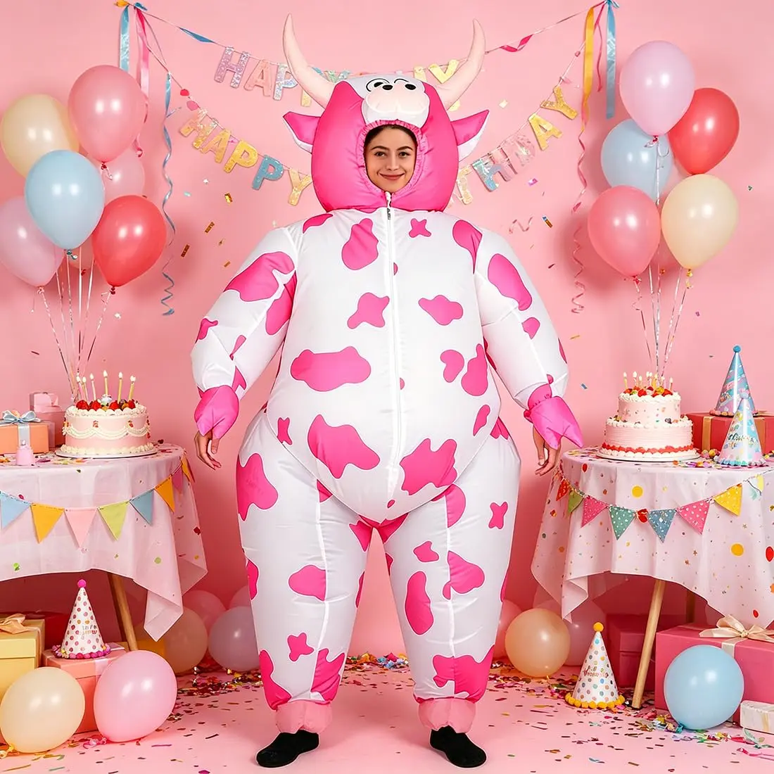 RHYTHMARTS Inflatable Pink Cow Costume Blow Up Costumes for Adults | Fun Halloween & Christmas Outfit - view 4