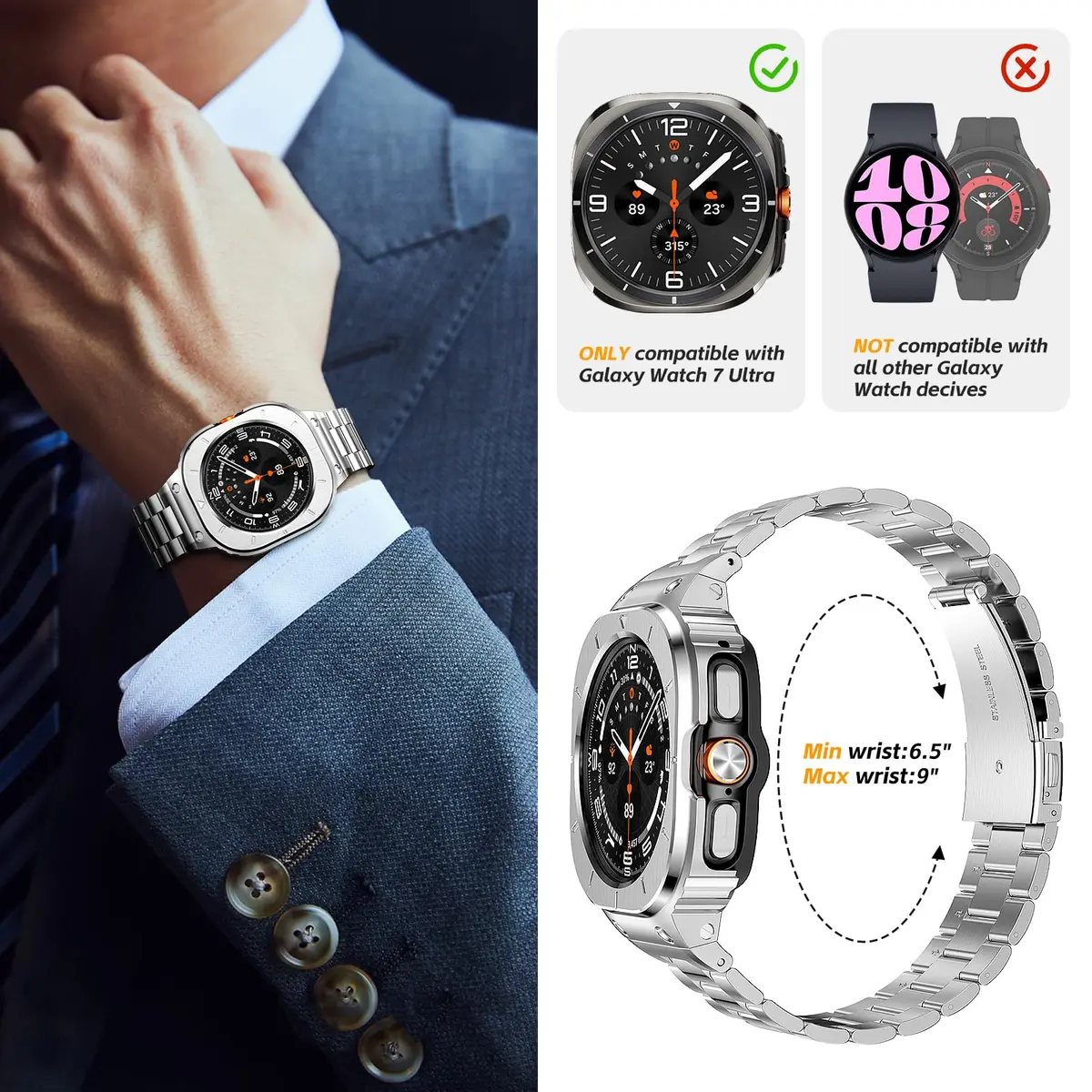 SUPLINK Stainless Steel Band with Case for Samsung Galaxy Watch Ultra 47mm (Silver) | Compatible with Galaxy Watch Ultra 2 - view 5