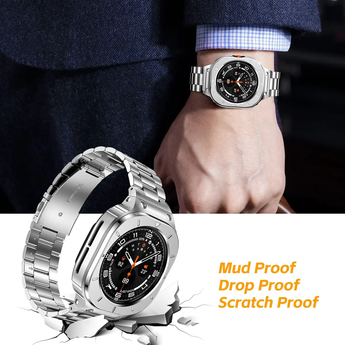 SUPLINK Stainless Steel Band with Case for Samsung Galaxy Watch Ultra 47mm (Silver) | Compatible with Galaxy Watch Ultra 2 - view 3