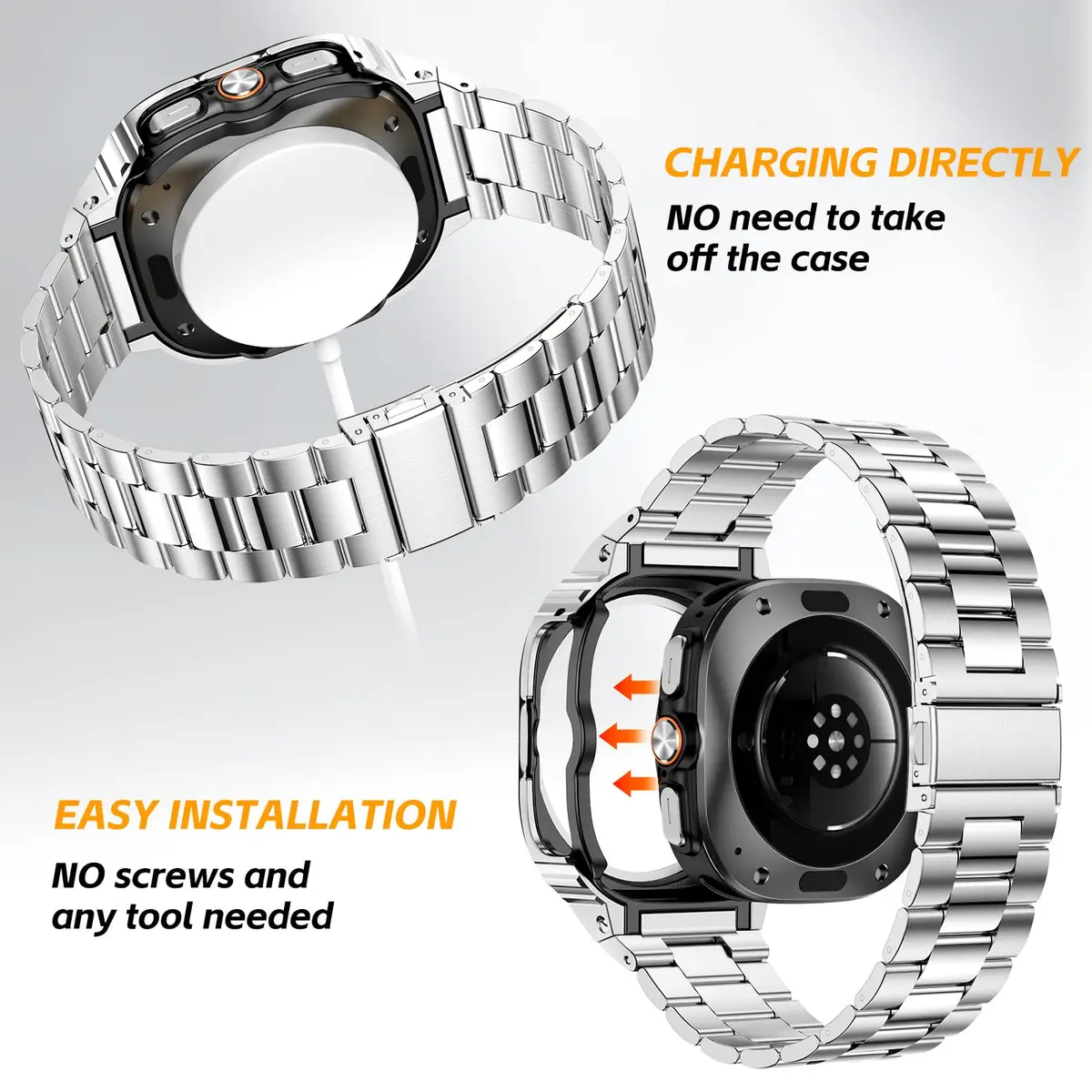 SUPLINK Stainless Steel Band with Case for Samsung Galaxy Watch Ultra 47mm (Silver) | Compatible with Galaxy Watch Ultra 2 - view 4
