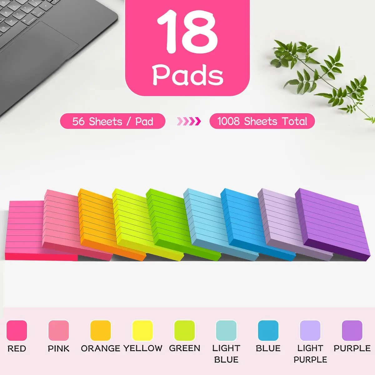 YEECOK Lined Sticky Notes 3x3 inch (7.6x7.6 cm) | 18-Pack, 1008 Sheets Total, Super Sticky - view 2