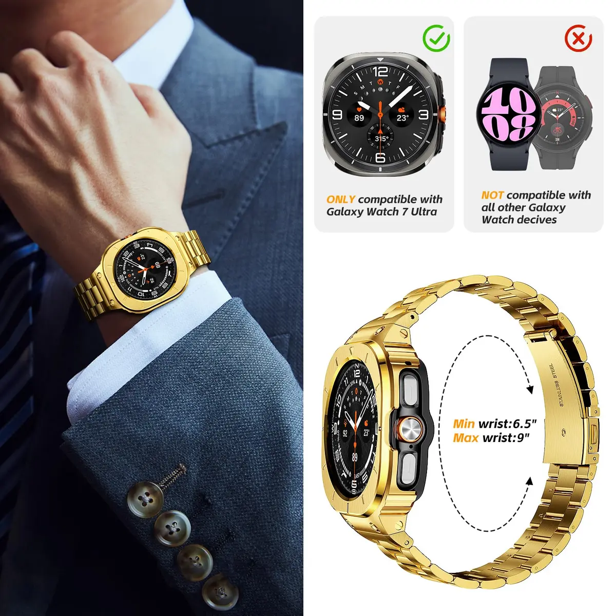 SUPLINK Stainless Steel Watch Band for Samsung Galaxy Watch Ultra 47mm | Adjustable Metal Strap - view 5