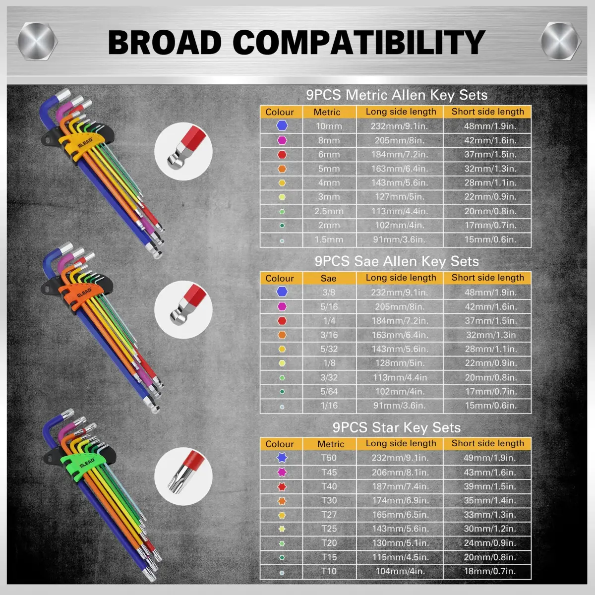 ELEAD 29-Piece Hex & Torx Key Set | Rainbow Colored Allen Wrench Set with T-Handle & Extension Bar (Metric 1.5-10mm, SAE 1/16"-3/8", Torx T10-T50) - view 2