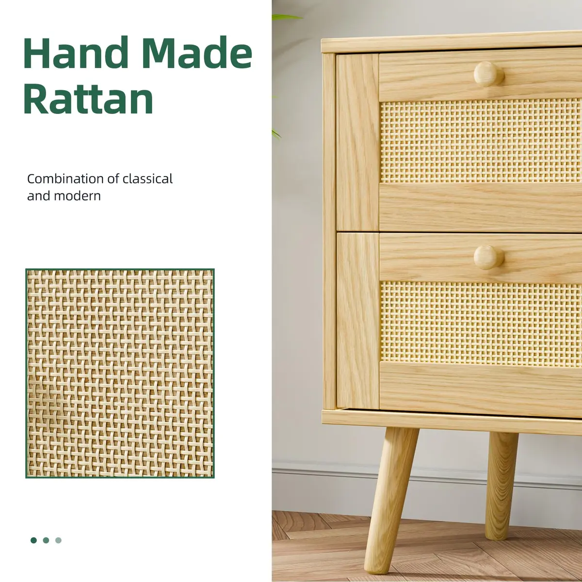 infurnic Rattan Nightstand with 2 Handmade Drawers | Natural Wood Bedroom Side Table (70-120 chars) - view 6