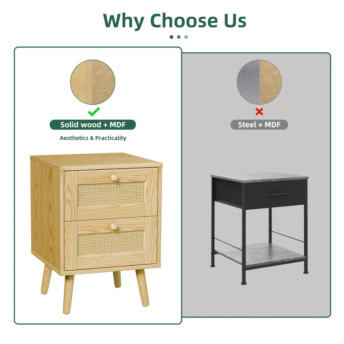 infurnic Rattan Nightstand with 2 Handmade Drawers | Natural Wood Bedroom Side Table (70-120 chars) - view 7