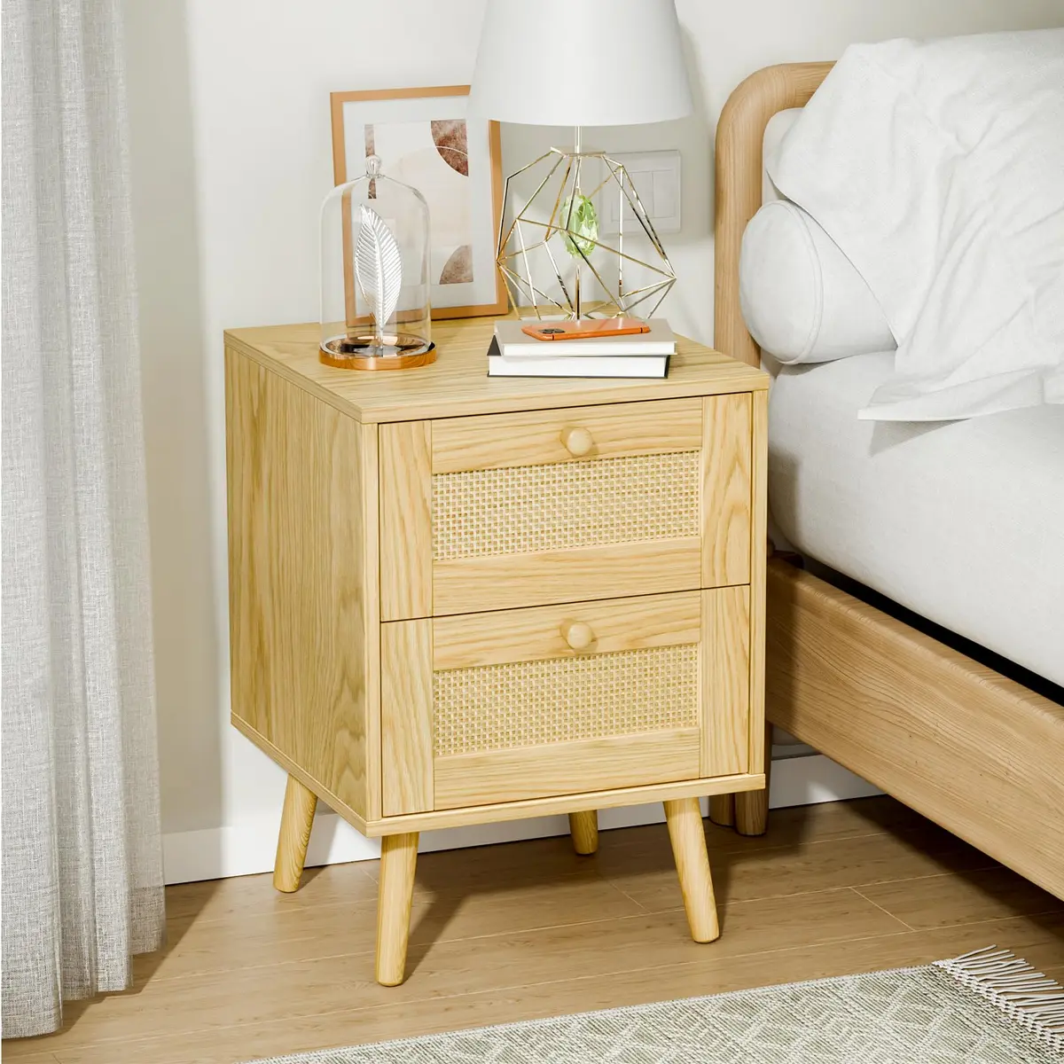 infurnic Rattan Nightstand with 2 Handmade Drawers | Natural Wood Bedroom Side Table (70-120 chars) - view 2
