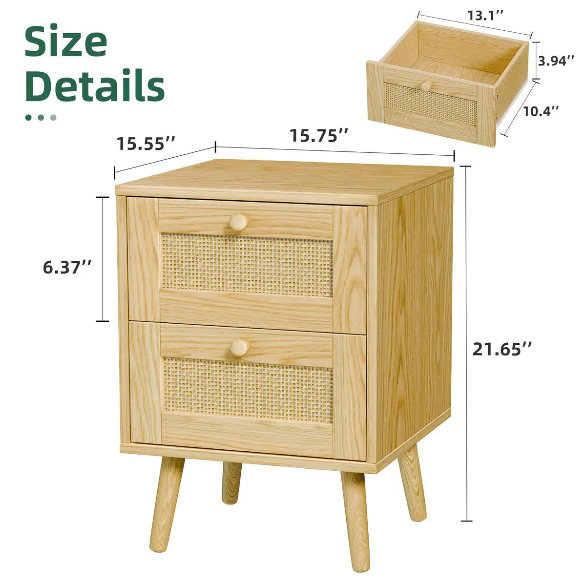 infurnic Rattan Nightstand with 2 Handmade Drawers | Natural Wood Bedroom Side Table (70-120 chars) - view 3