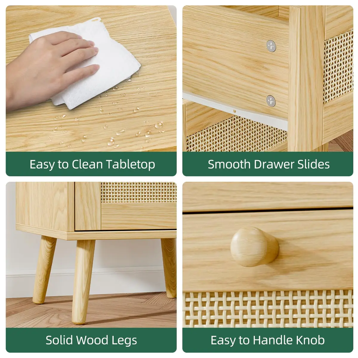 infurnic Rattan Nightstand with 2 Handmade Drawers | Natural Wood Bedroom Side Table (70-120 chars) - view 4