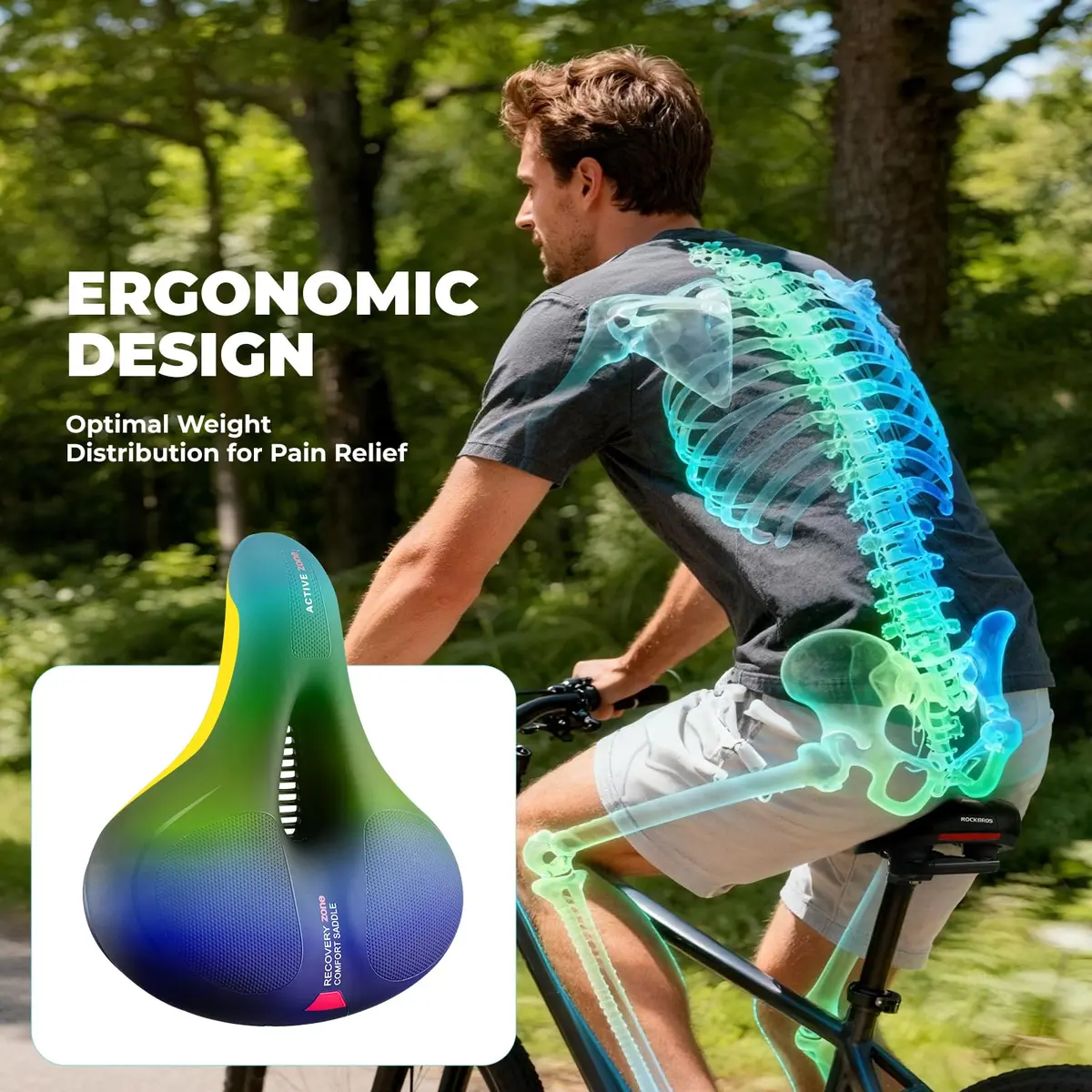 ROCKBROS Bike Seat Cushion Wide Waterproof Ergonomic 26cm x 22cm | Dual Shock Absorbing Memory Foam - view 6